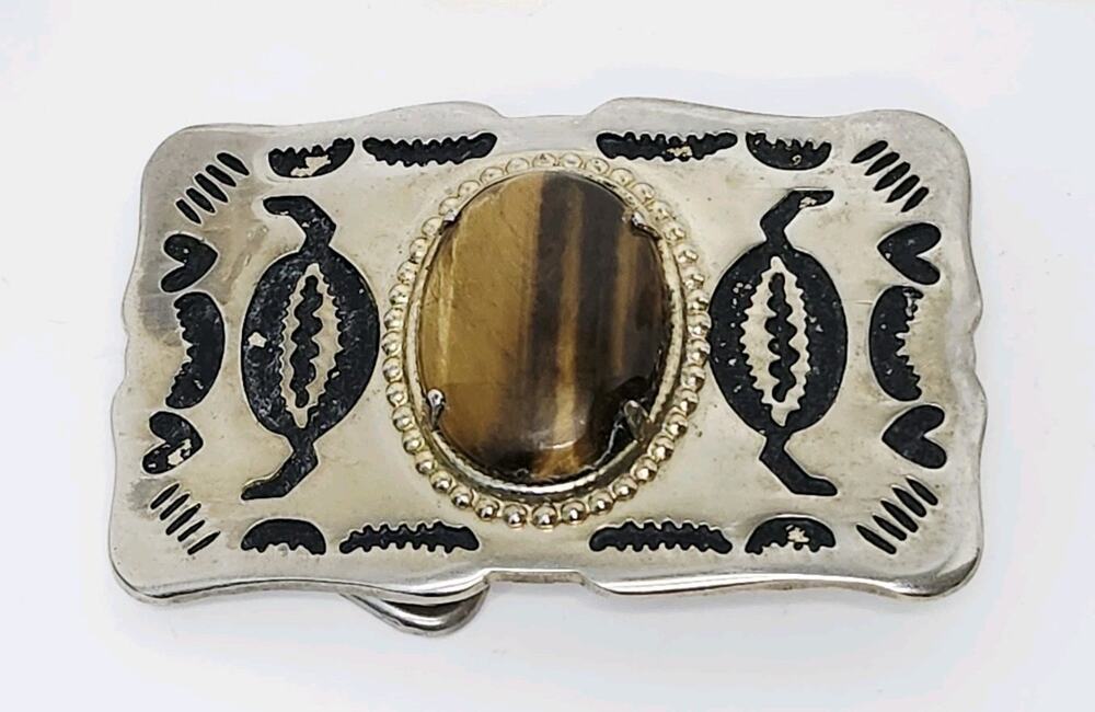 Vintage Southwestern Silver Tone Belt Buckle Genuine Tiger Eye Stone Cabochon